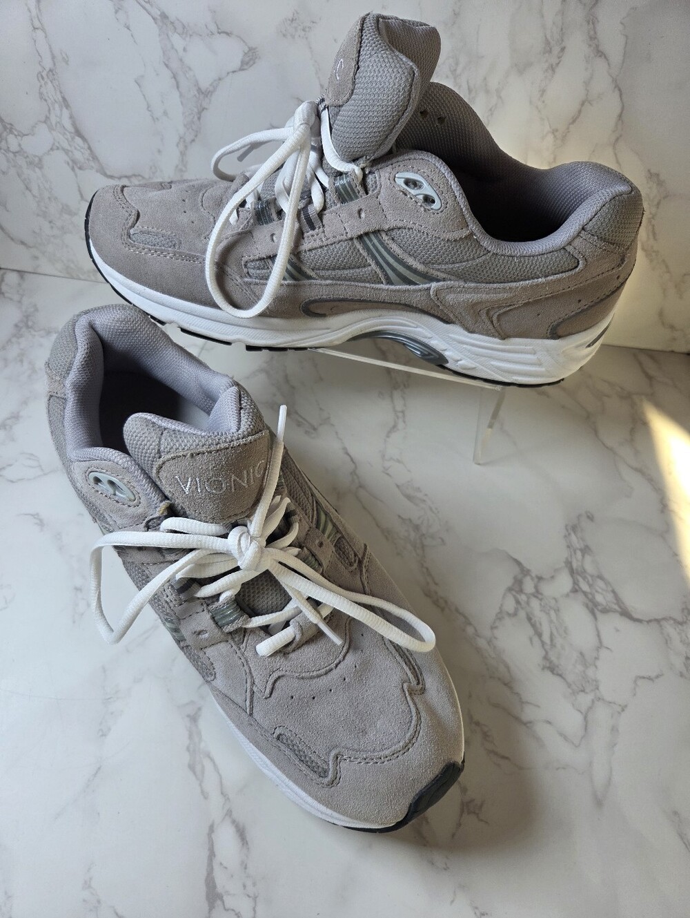 Vionic Light Gray Suede & Mesh Sneakers with White Laces
